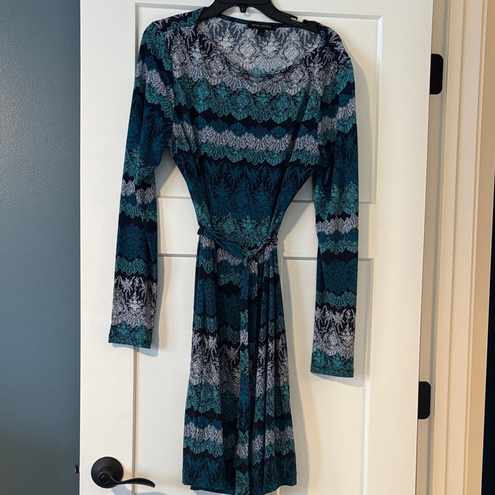 Banana Republic Teal and Navy patterned Long Sleeve Dress